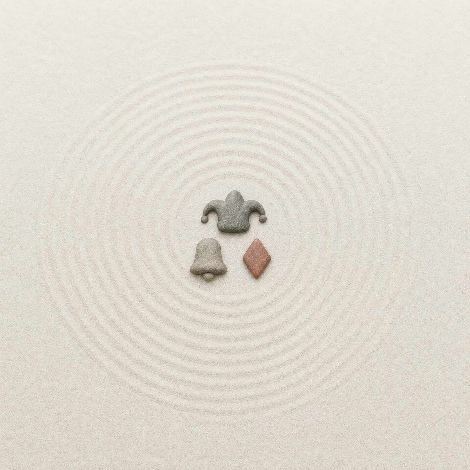 A zen garden with jester hat, bell and diamond stones