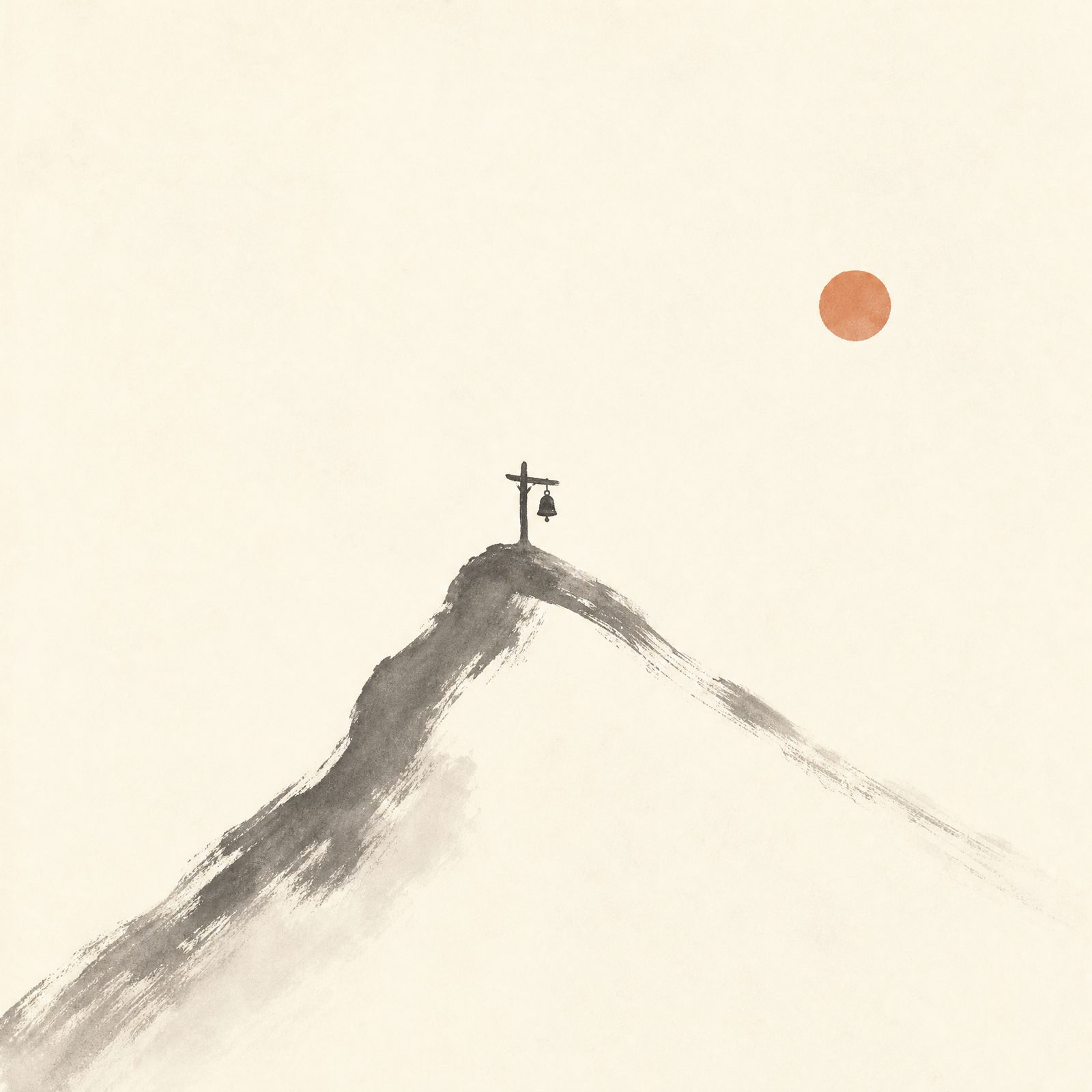 A lone bell on a mountain ridge under a terracotta sun
