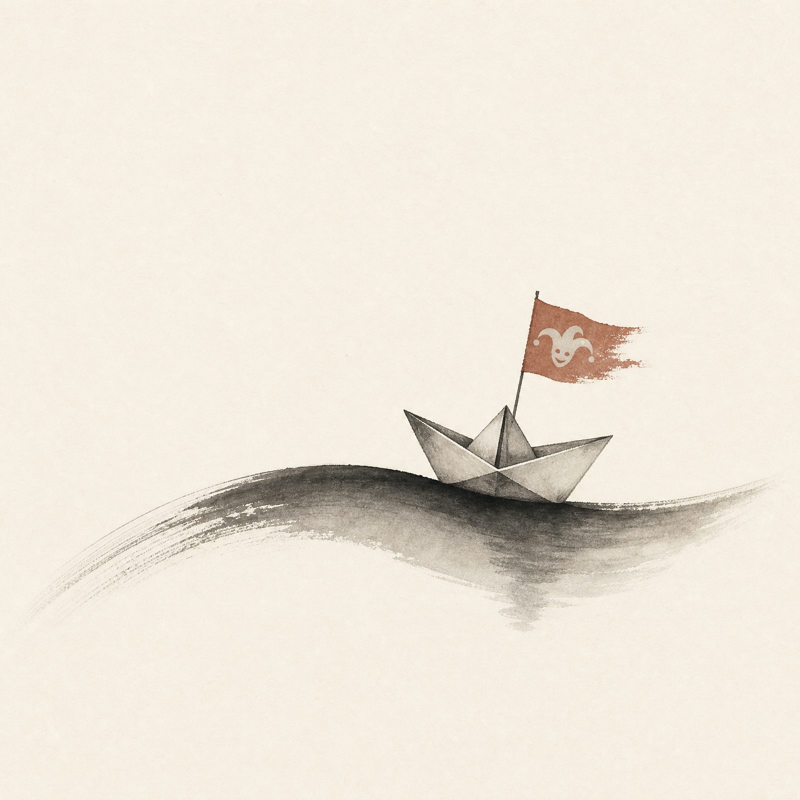 A paper boat with a small jester flag on an ink wave