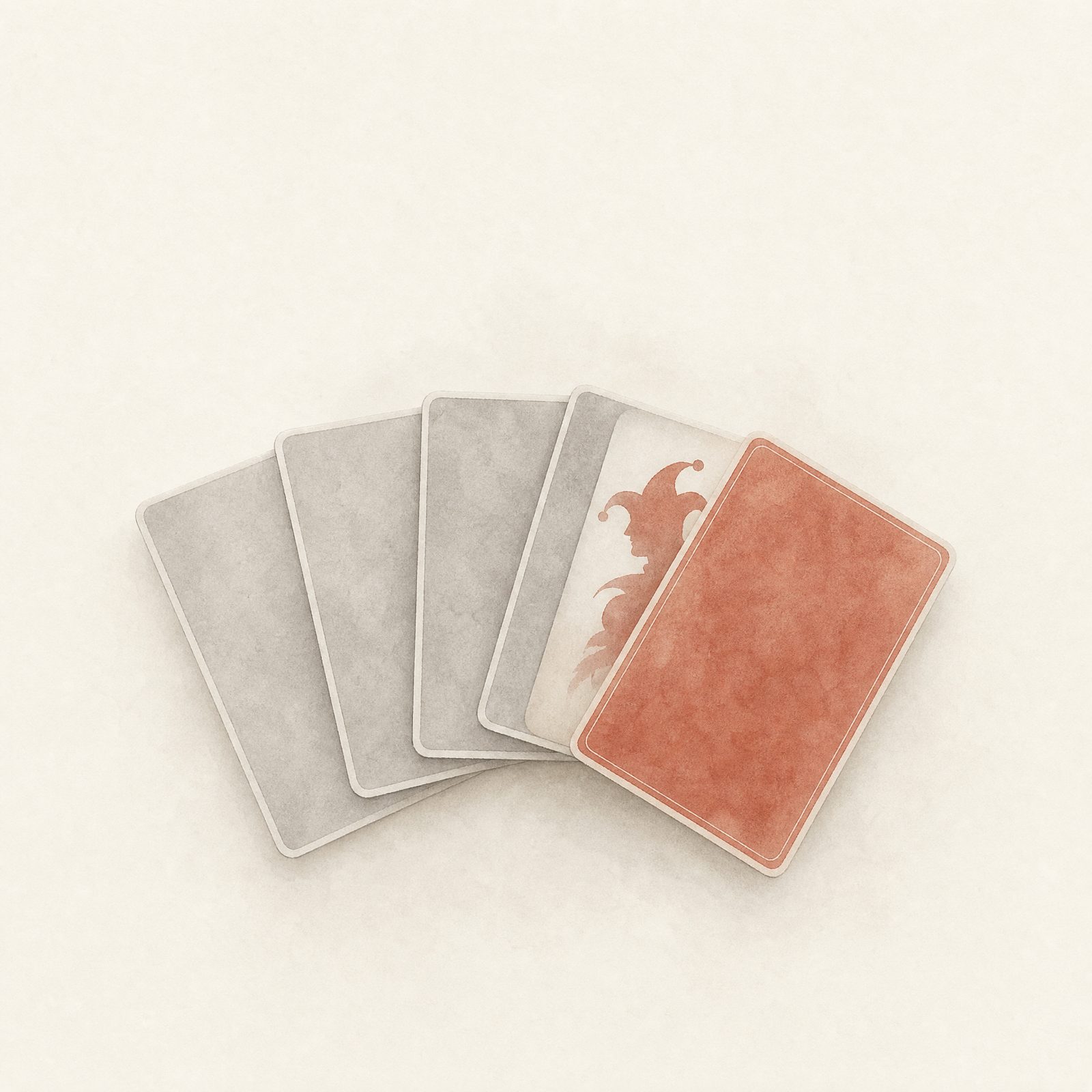 Five face-down cards, one revealing a jester silhouette