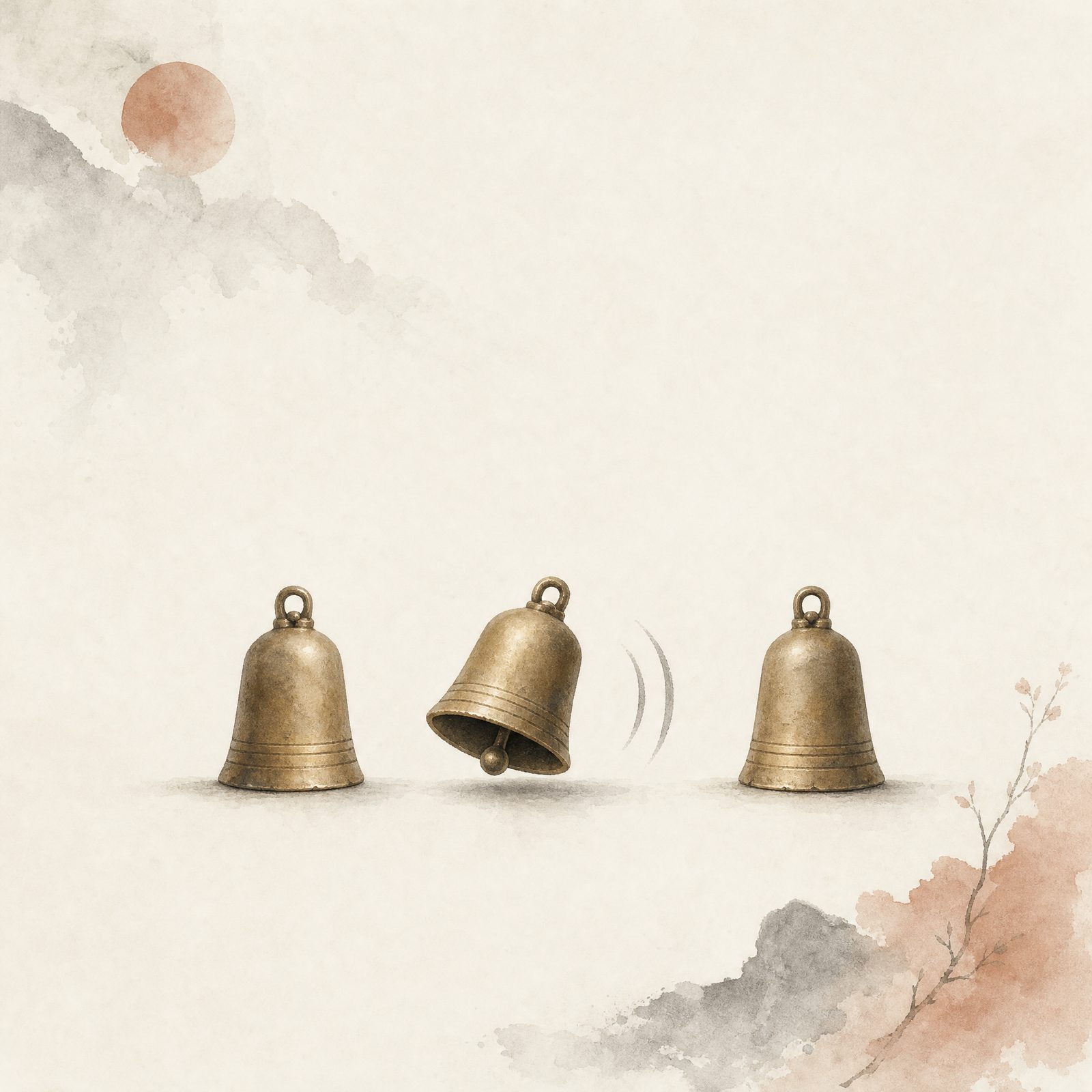 Three brass bells in a quiet row, one gently ringing